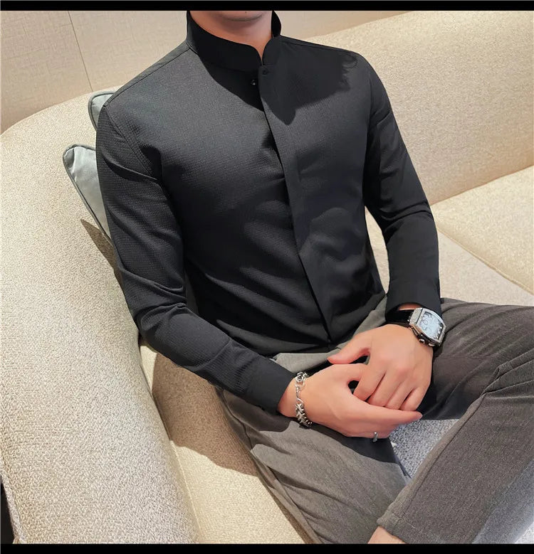 Men’s Luxury Stand Collar Shirt – Slim Fit Hidden Button Long Sleeve Business Casual Shirt
