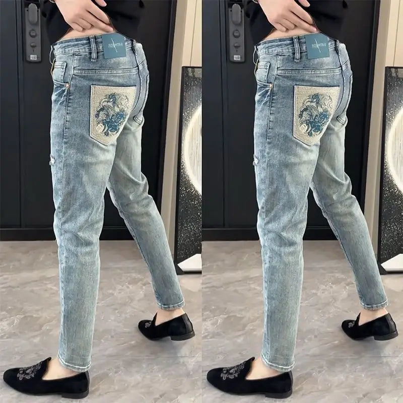 Summer New Slim-fit Men's Jeans Thin Brand Embroidery