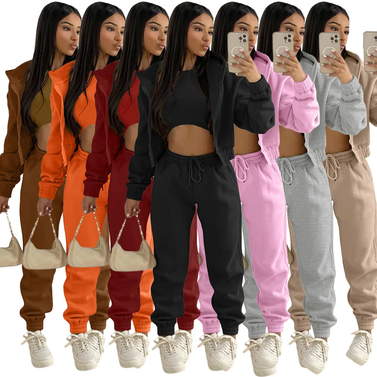Women’s Premium 3-Piece Fleece-Lined Tracksuit Set – Hoodie, Tank Top & Sweatpants