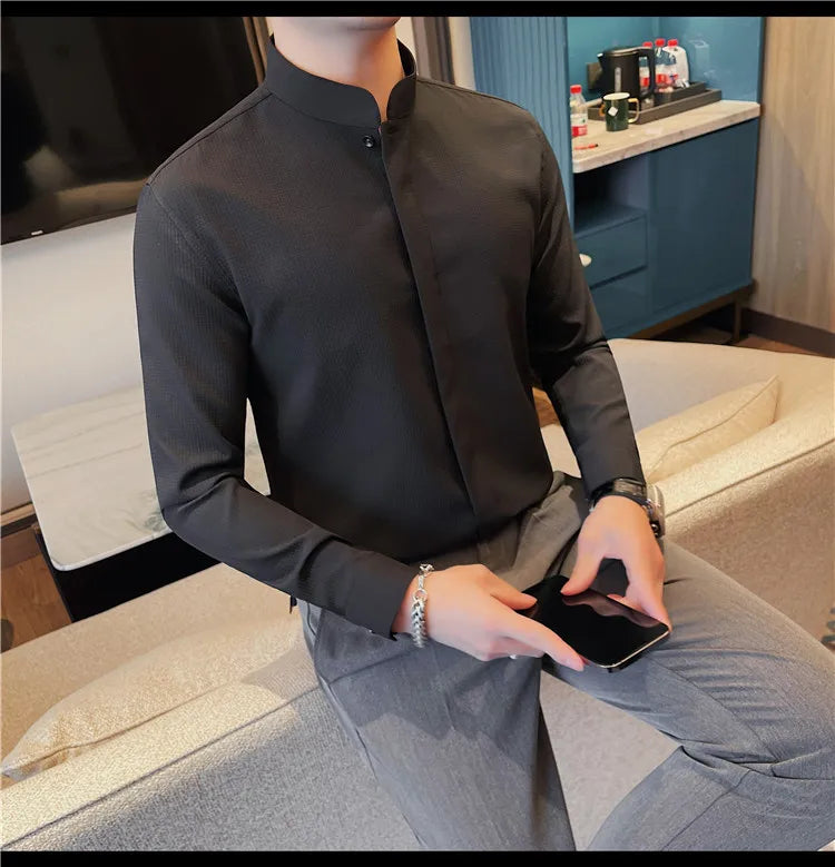 Men’s Luxury Stand Collar Shirt – Slim Fit Hidden Button Long Sleeve Business Casual Shirt