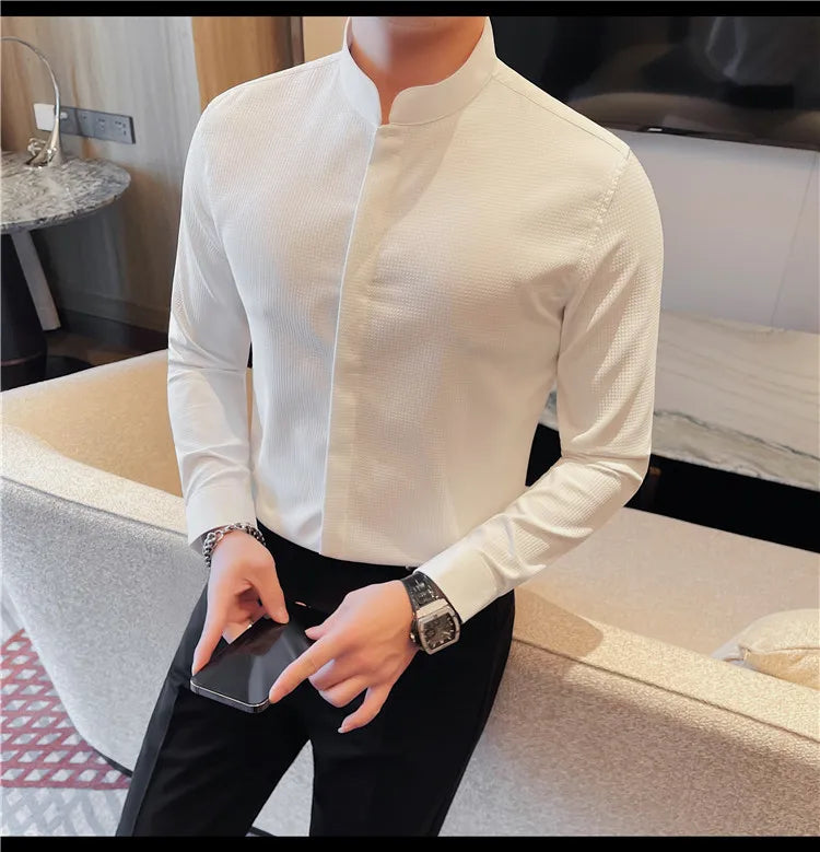 Men’s Luxury Stand Collar Shirt – Slim Fit Hidden Button Long Sleeve Business Casual Shirt