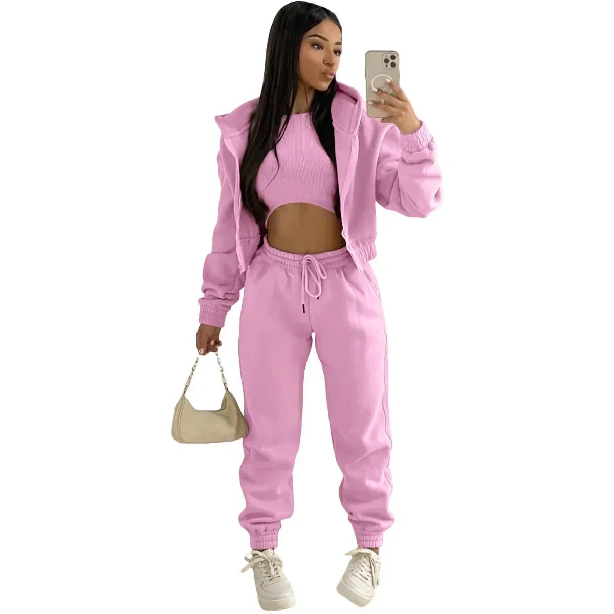 Women’s Premium 3-Piece Fleece-Lined Tracksuit Set – Hoodie, Tank Top & Sweatpants