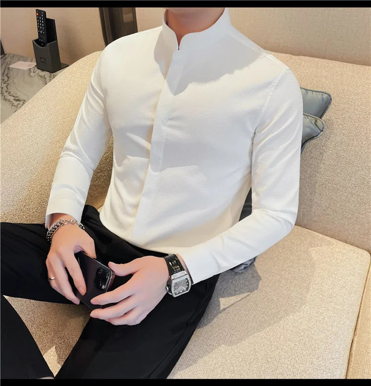 Men’s Luxury Stand Collar Shirt – Slim Fit Hidden Button Long Sleeve Business Casual Shirt