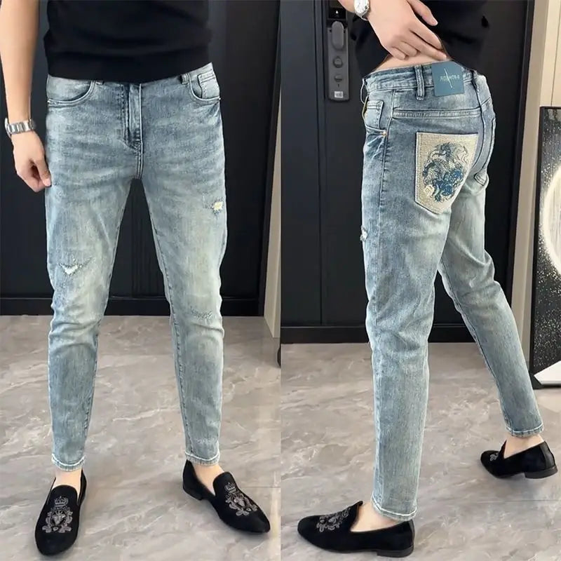 Summer New Slim-fit Men's Jeans Thin Brand Embroidery