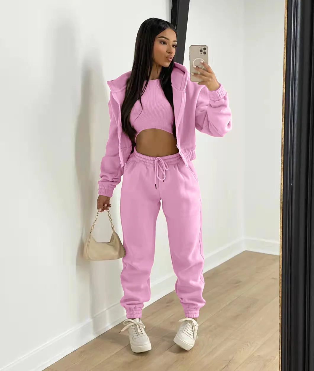 Women’s Premium 3-Piece Fleece-Lined Tracksuit Set – Hoodie, Tank Top & Sweatpants