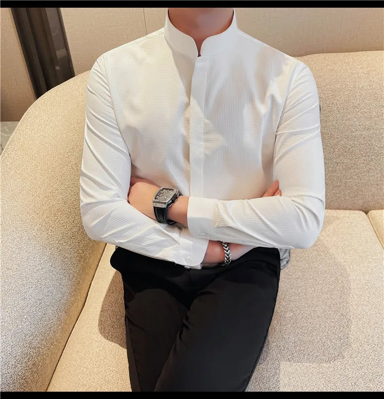 Men’s Luxury Stand Collar Shirt – Slim Fit Hidden Button Long Sleeve Business Casual Shirt