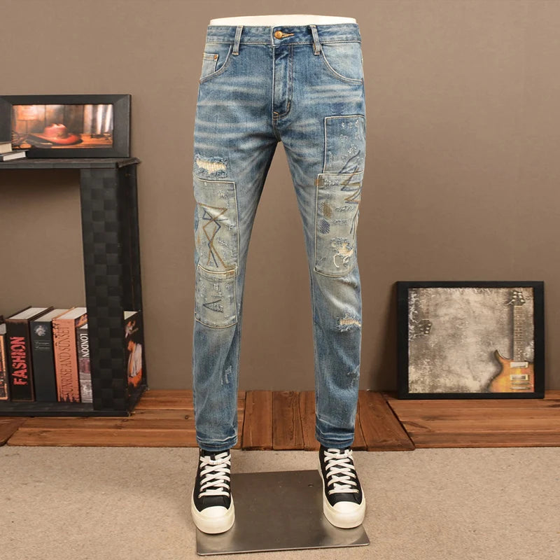 Premium Men's Embroidered Ripped Jeans – Retro Stretch Slim Fit Denim Pants