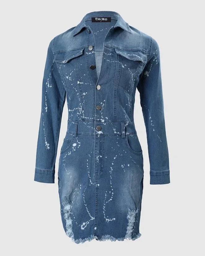 CPSYMYM Women's Dresses Spring Ink Splash Ripped Raw Hem Button Front Casual Turn-Down Collar Long Sleeve Mini Denim Dre