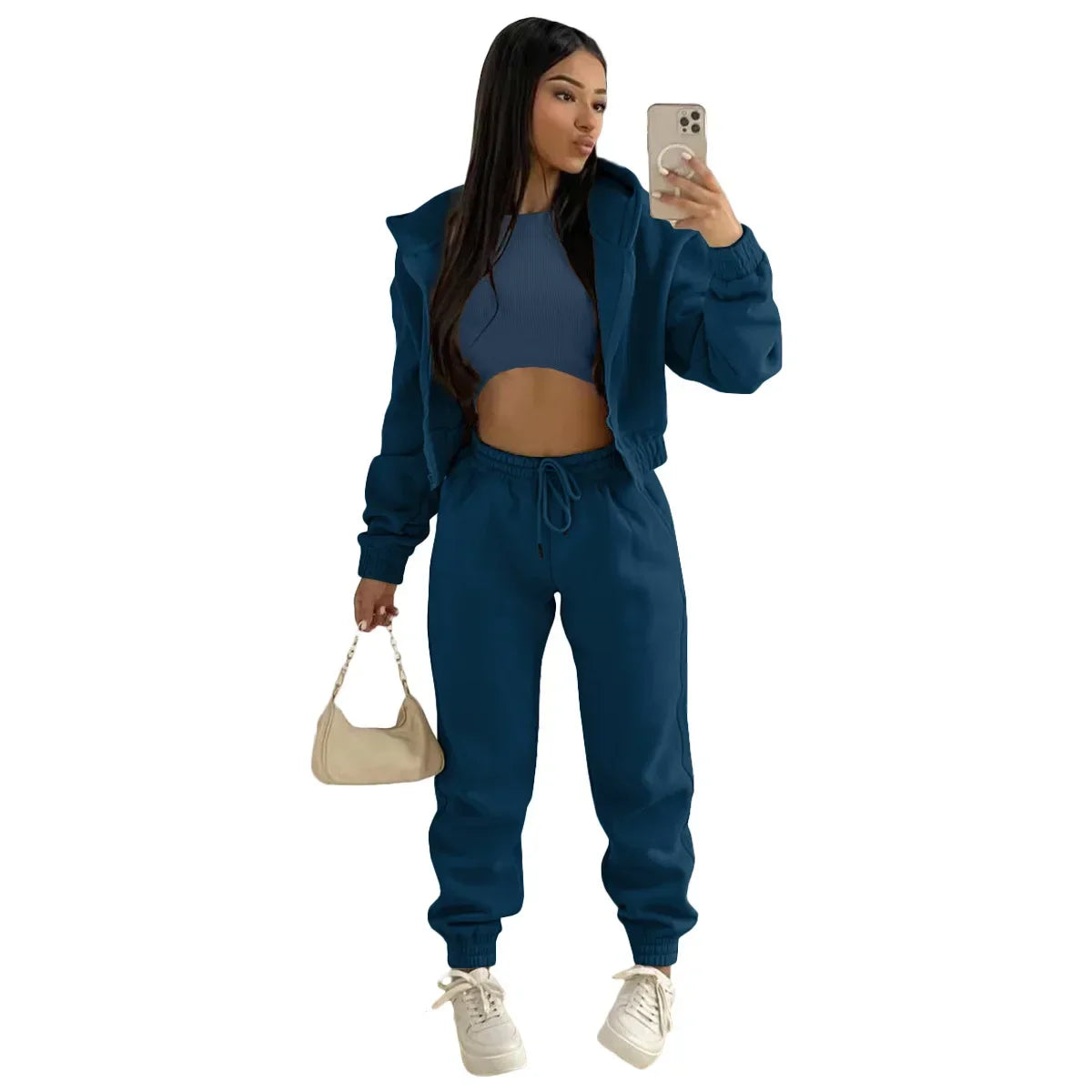 Women’s Premium 3-Piece Fleece-Lined Tracksuit Set – Hoodie, Tank Top & Sweatpants