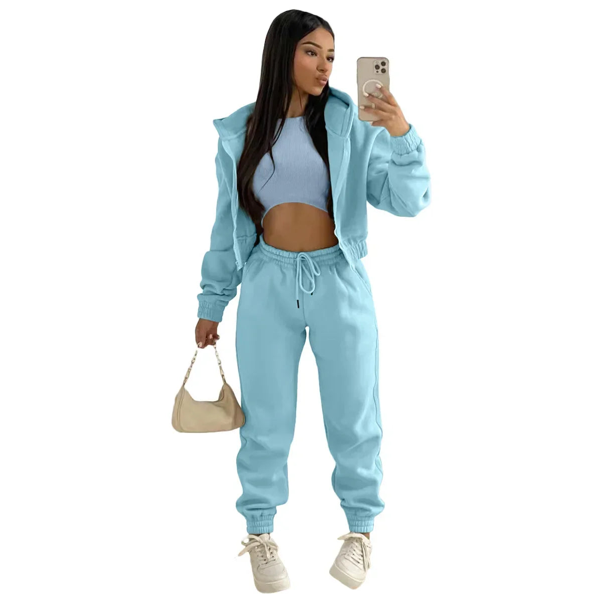 Women’s Premium 3-Piece Fleece-Lined Tracksuit Set – Hoodie, Tank Top & Sweatpants