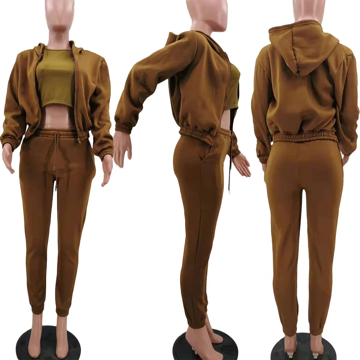 Women’s Premium 3-Piece Fleece-Lined Tracksuit Set – Hoodie, Tank Top & Sweatpants