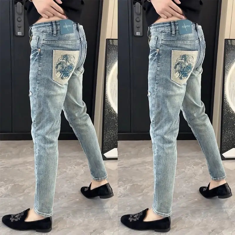 Summer New Slim-fit Men's Jeans Thin Brand Embroidery
