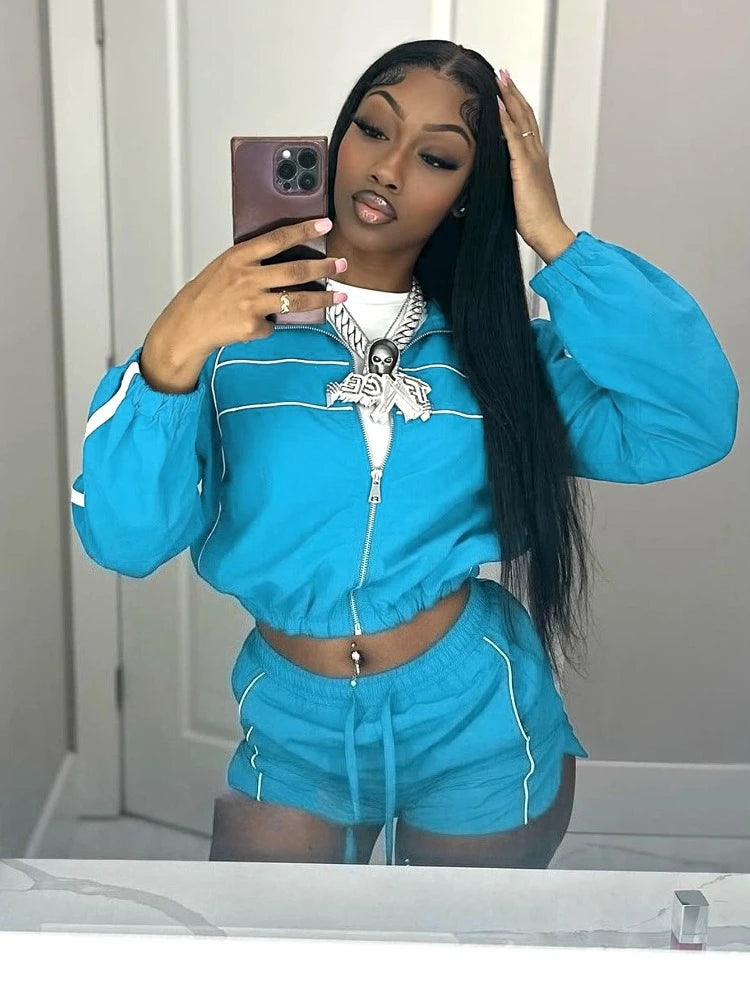 2 Piece Set For Women Casual Full Sleeve Zip Crop Long Sleeve Jacket + Drawstring Shorts Matching Tracksuits