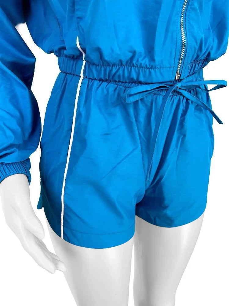 2 Piece Set For Women Casual Full Sleeve Zip Crop Long Sleeve Jacket + Drawstring Shorts Matching Tracksuits