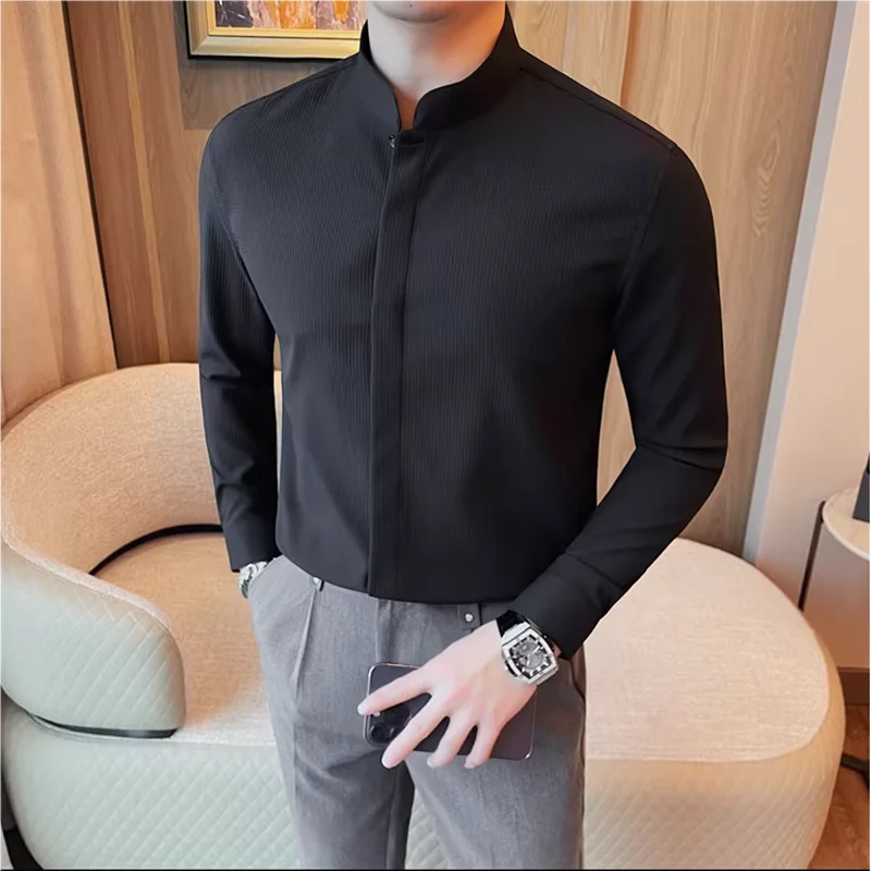 Men’s Luxury Stand Collar Shirt – Slim Fit Hidden Button Long Sleeve Business Casual Shirt