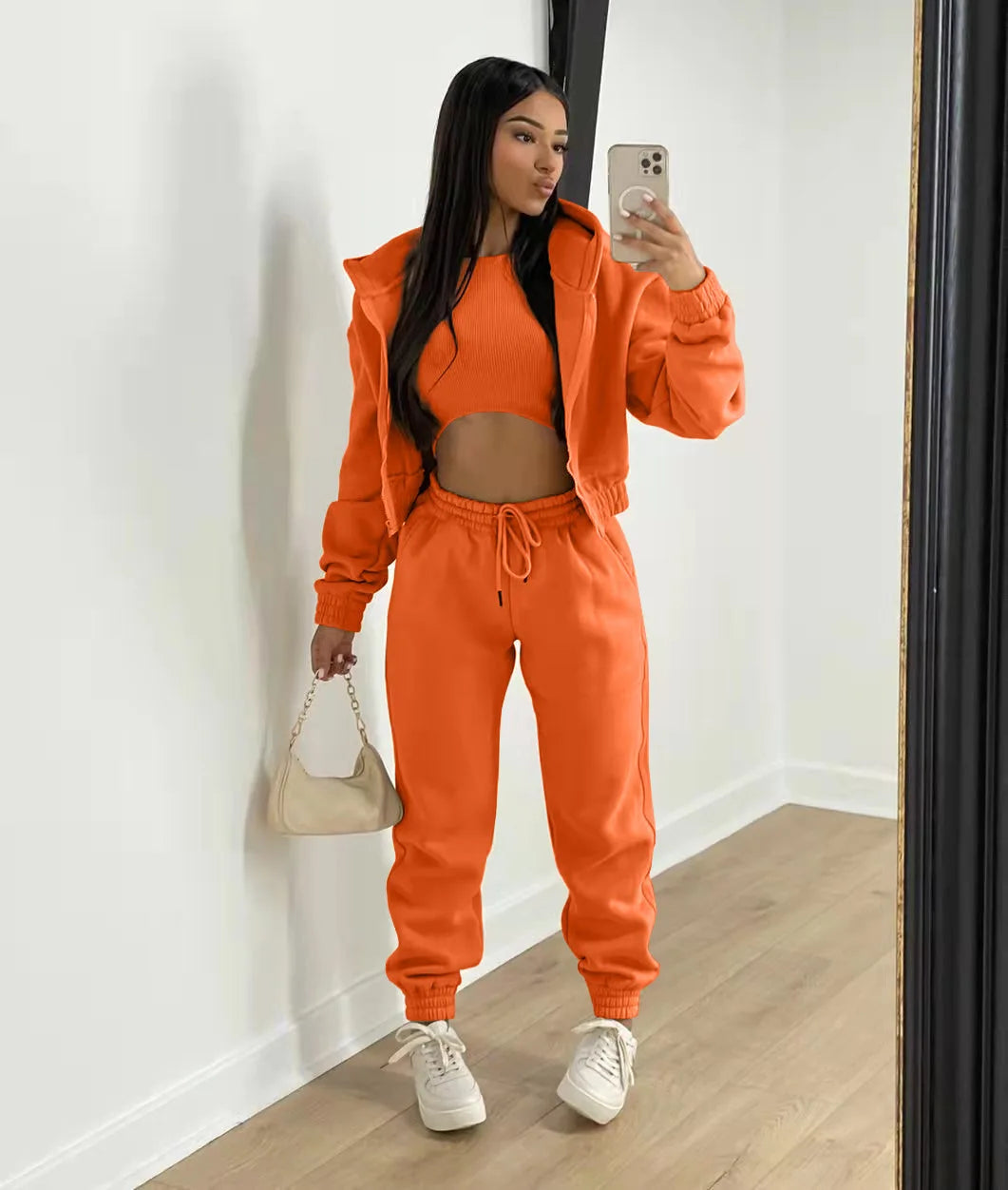 Women’s Premium 3-Piece Fleece-Lined Tracksuit Set – Hoodie, Tank Top & Sweatpants