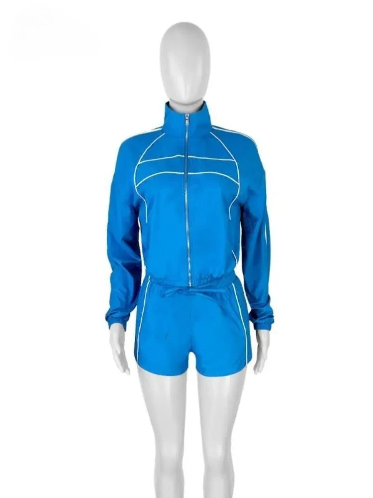 2 Piece Set For Women Casual Full Sleeve Zip Crop Long Sleeve Jacket + Drawstring Shorts Matching Tracksuits