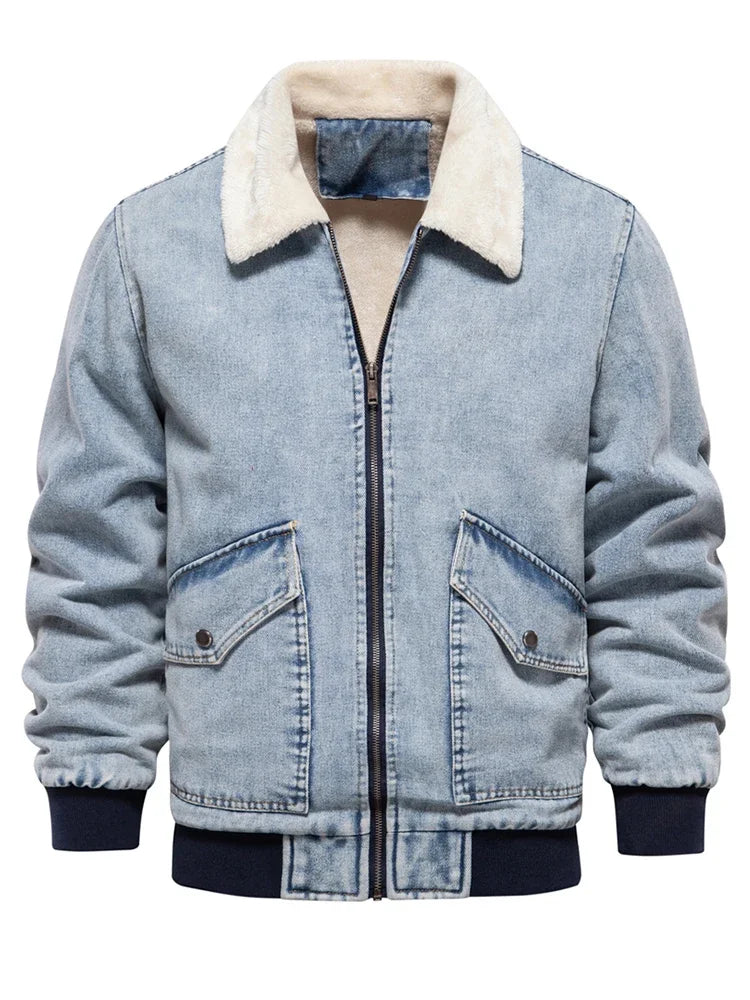 Men's Premium Fur Collar Denim Jacket – Warm Fleece-Lined Winter Coat