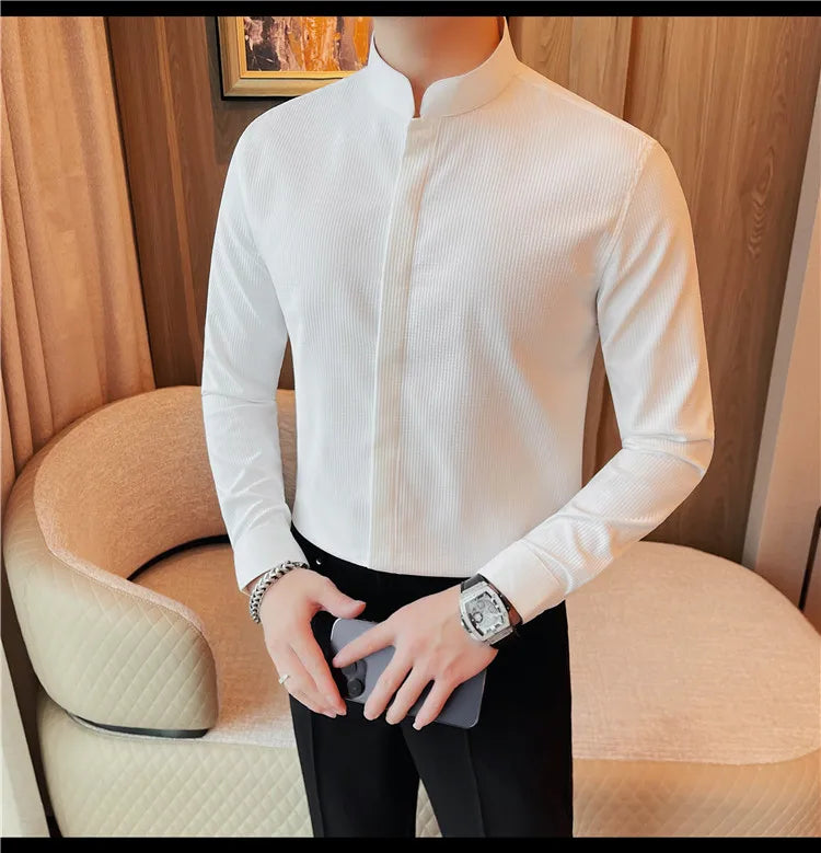 Men’s Luxury Stand Collar Shirt – Slim Fit Hidden Button Long Sleeve Business Casual Shirt