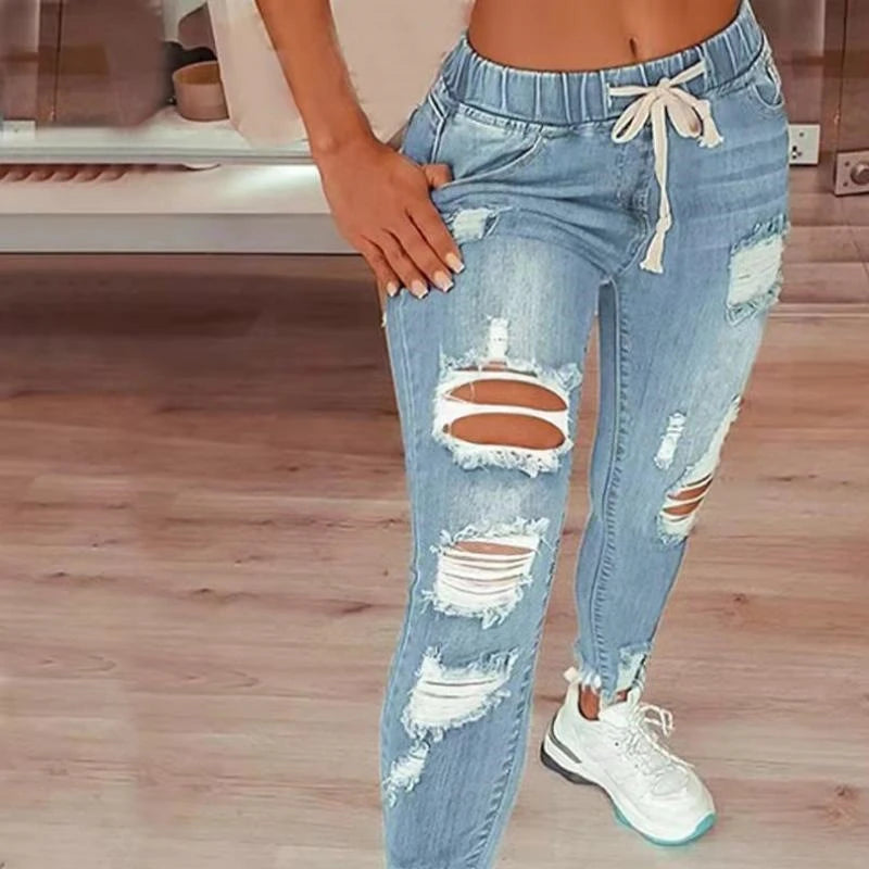 Vintage Blue Ripped Jeans Women Elastic Waist Drawstring Pencil Denim Jeans