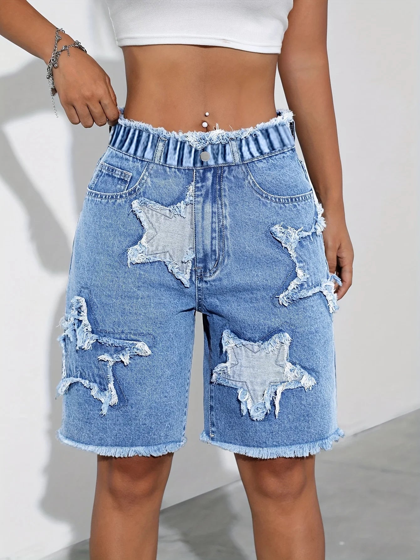 Five-Star Pattern Patchwork Denim Midrisk Trousers, with Elastic Stretch Waist.