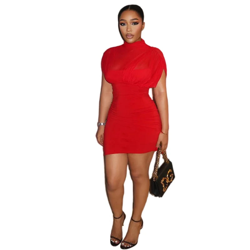 Turtleneck Short Sleeve Pleated Waistband Bodycon Hips Wrapped Mini Dress, Solid Color