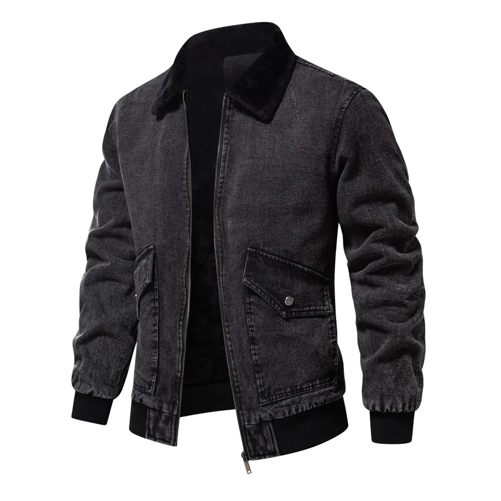 Men's Premium Fur Collar Denim Jacket – Warm Fleece-Lined Winter Coat