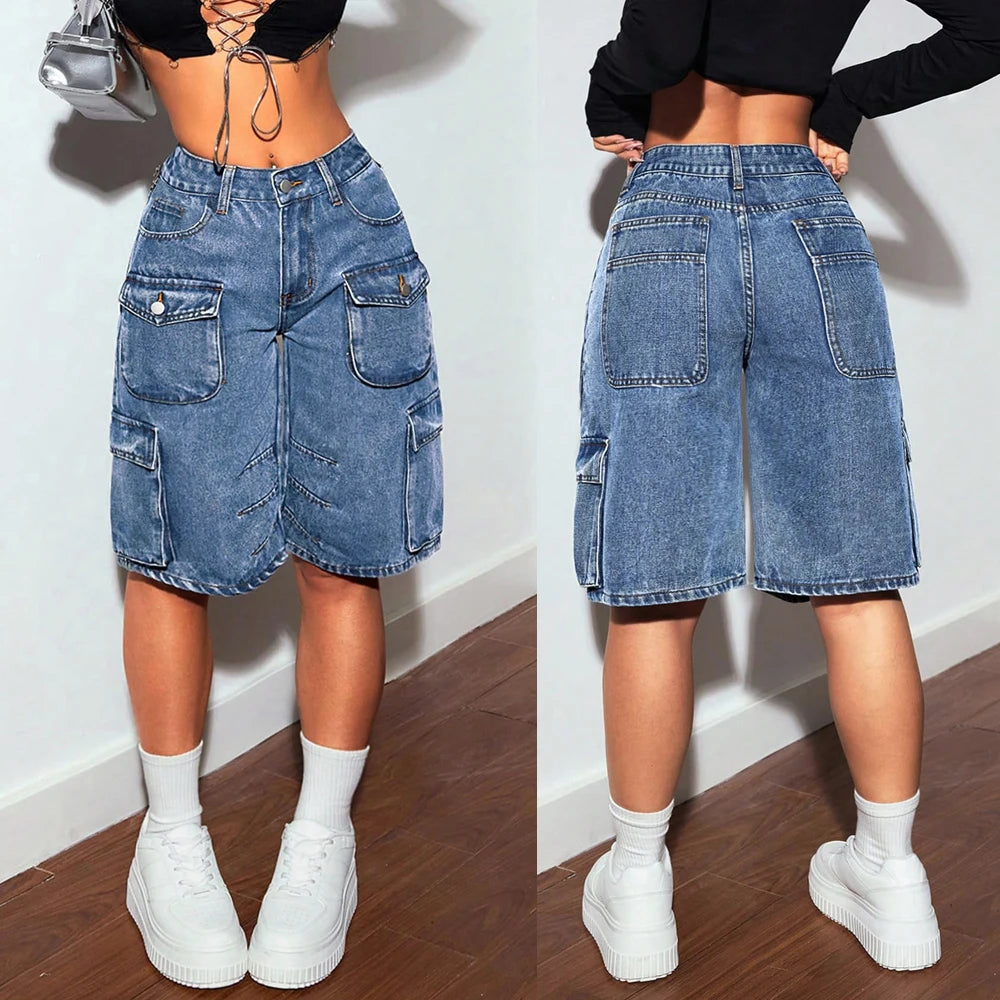 Fashion Pockets Women Acid Wash Cargo Denim Shorts 2025 Summer