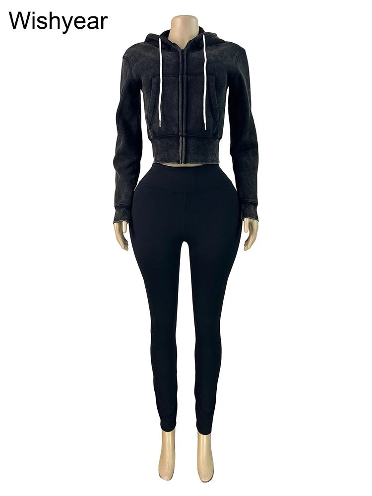Women's Autumn Quality Washed Stretch Hooded 2-Piece Set Long Sleeve Jacket Crop Top with Leggings Warm Winter Outfit Sportswear