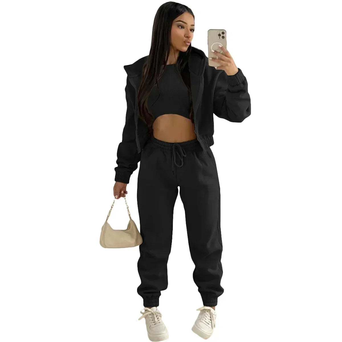Women’s Premium 3-Piece Fleece-Lined Tracksuit Set – Hoodie, Tank Top & Sweatpants
