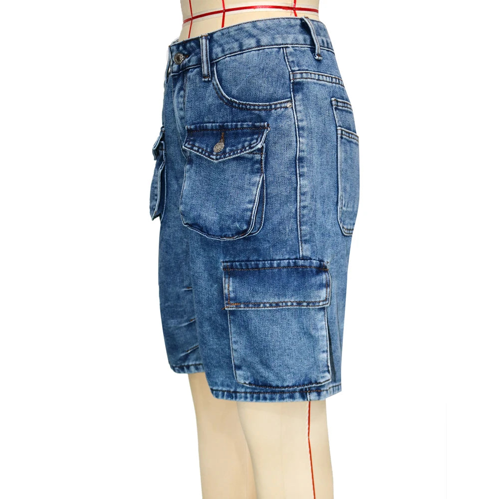 Fashion Pockets Women Acid Wash Cargo Denim Shorts 2025 Summer