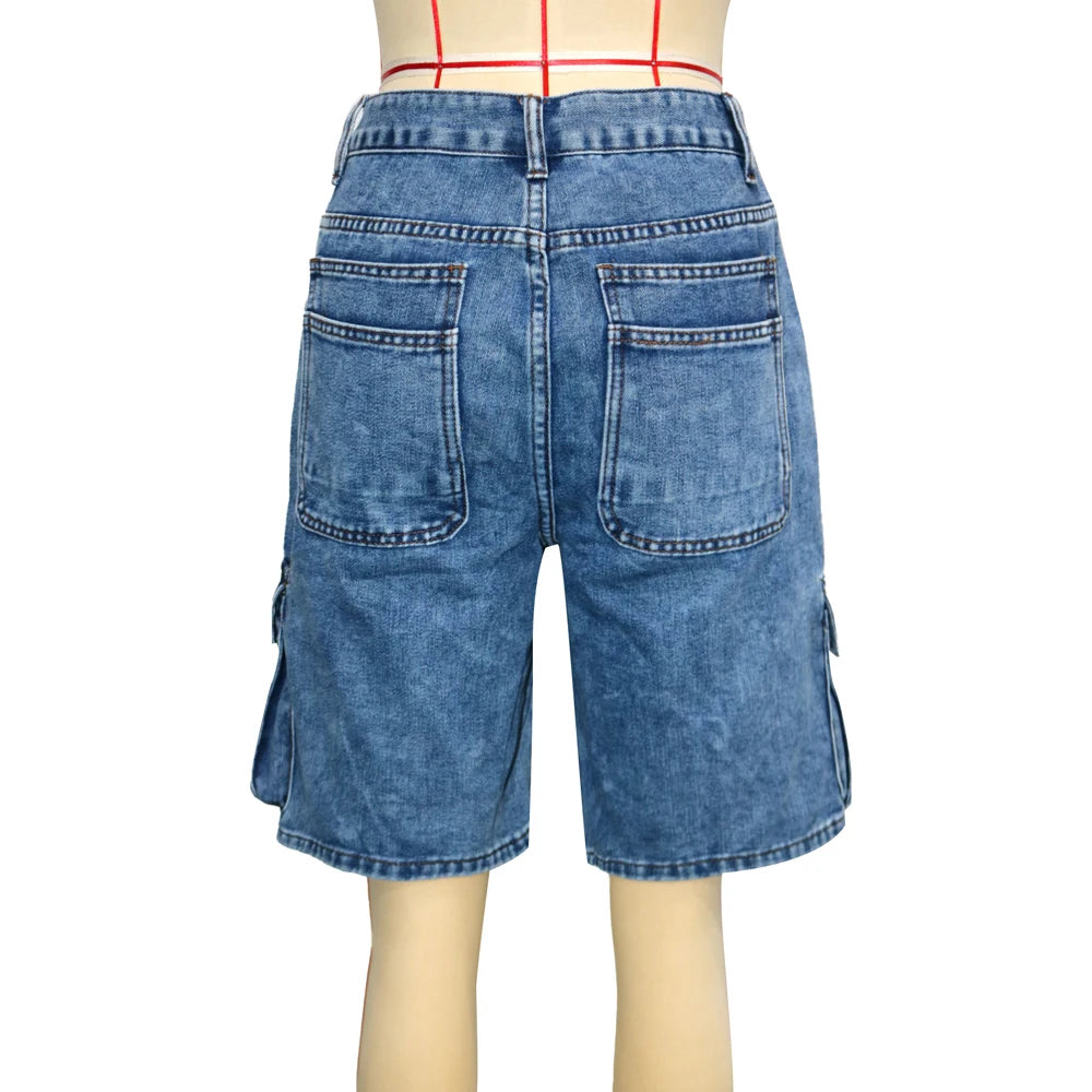 Fashion Pockets Women Acid Wash Cargo Denim Shorts 2025 Summer