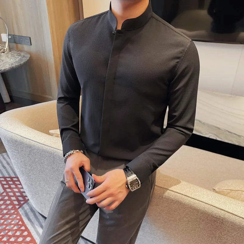 Men’s Luxury Stand Collar Shirt – Slim Fit Hidden Button Long Sleeve Business Casual Shirt