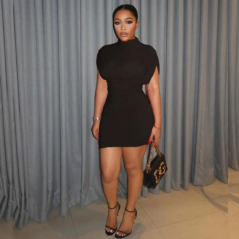 Turtleneck Short Sleeve Pleated Waistband Bodycon Hips Wrapped Mini Dress, Solid Color