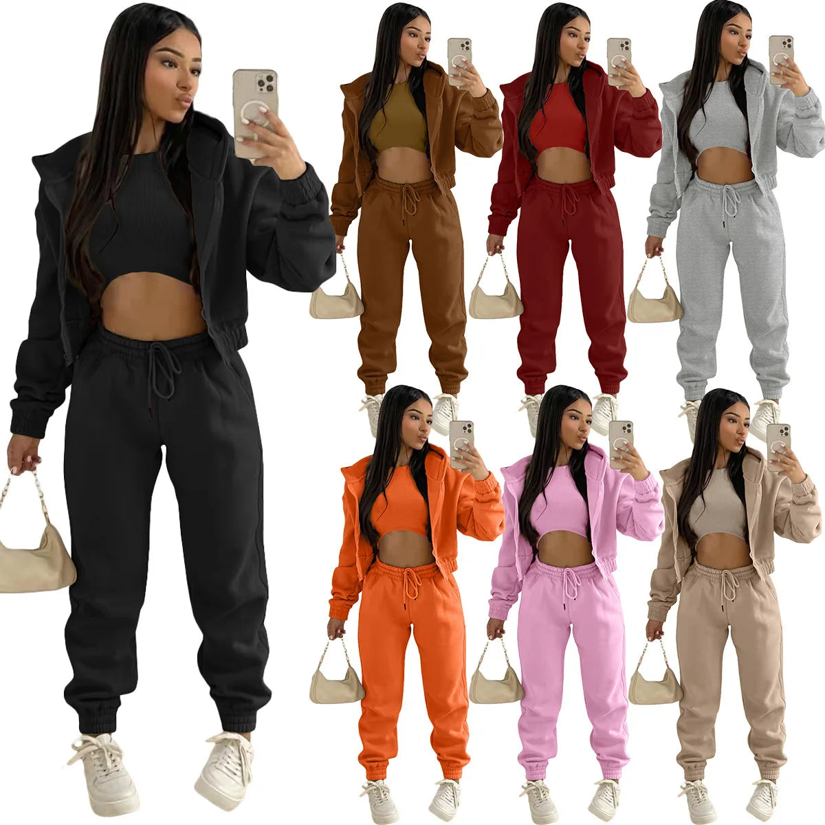 Women’s Premium 3-Piece Fleece-Lined Tracksuit Set – Hoodie, Tank Top & Sweatpants