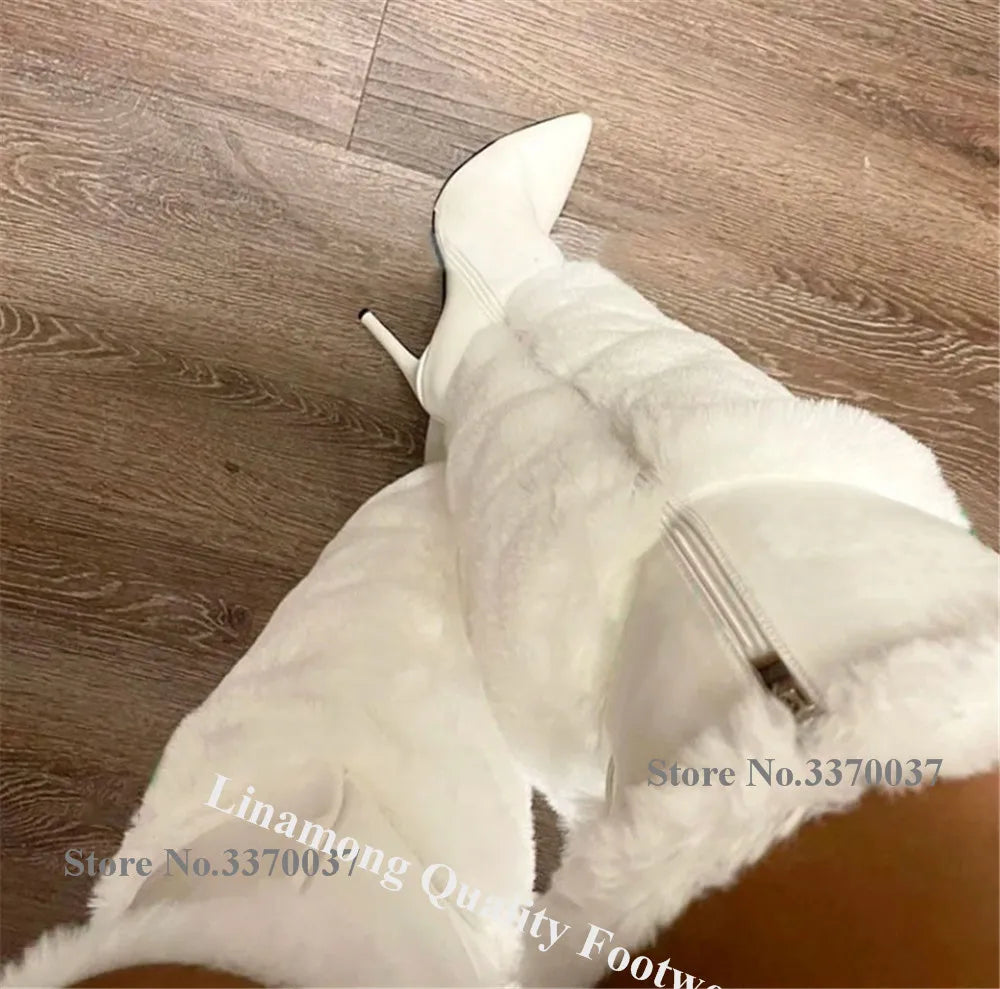 Linamong Warm Fur Patchwork Stiletto Heel Over Knee Boots Pointed Toe White Back Lace-up Thin Heel Long Boots Winter Boots
