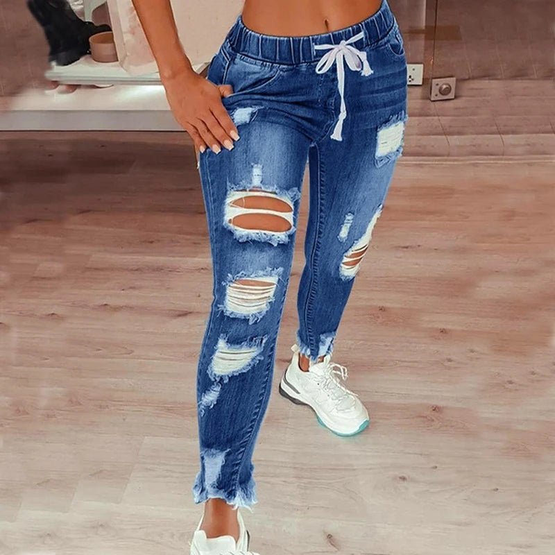Vintage Blue Ripped Jeans Women Elastic Waist Drawstring Pencil Denim Jeans