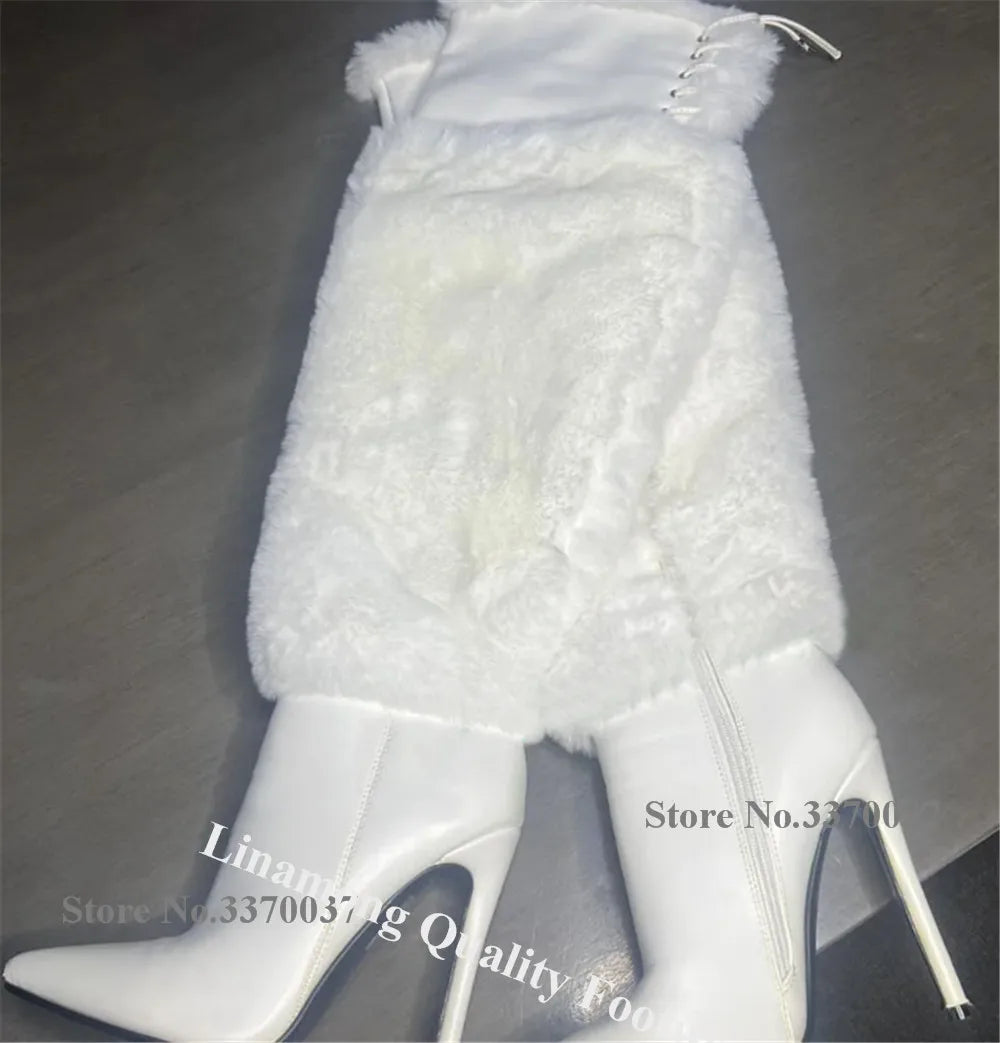 Linamong Warm Fur Patchwork Stiletto Heel Over Knee Boots Pointed Toe White Back Lace-up Thin Heel Long Boots Winter Boots