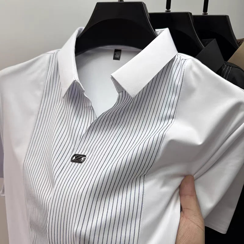 Personality patchwork stripe short sleeve polo shirt fashion brand embossed buttonless V-neck design men summer ice silk T-shirt