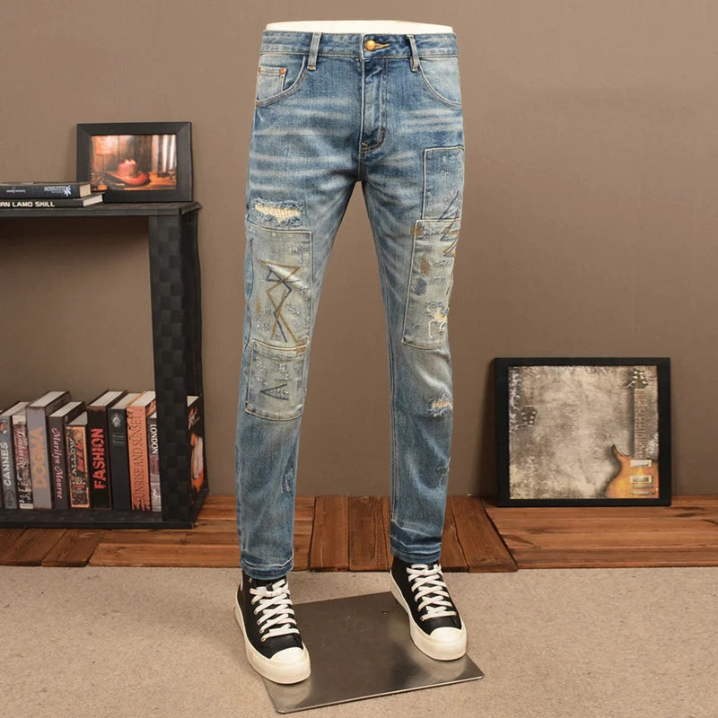 Premium Men's Embroidered Ripped Jeans – Retro Stretch Slim Fit Denim Pants