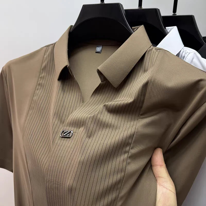 Personality patchwork stripe short sleeve polo shirt fashion brand embossed buttonless V-neck design men summer ice silk T-shirt