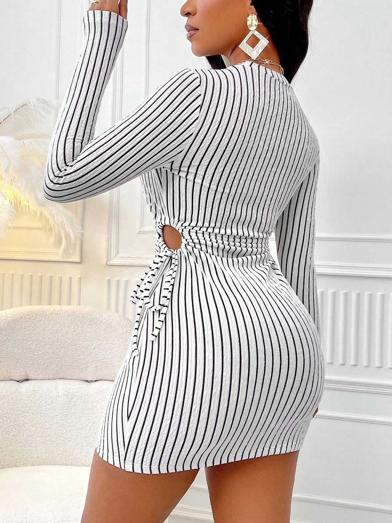 Women's Striped Hollow-Out Mini Dress