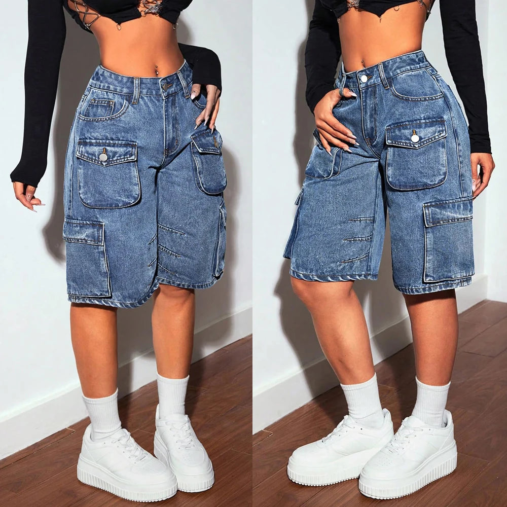 Fashion Pockets Women Acid Wash Cargo Denim Shorts 2025 Summer