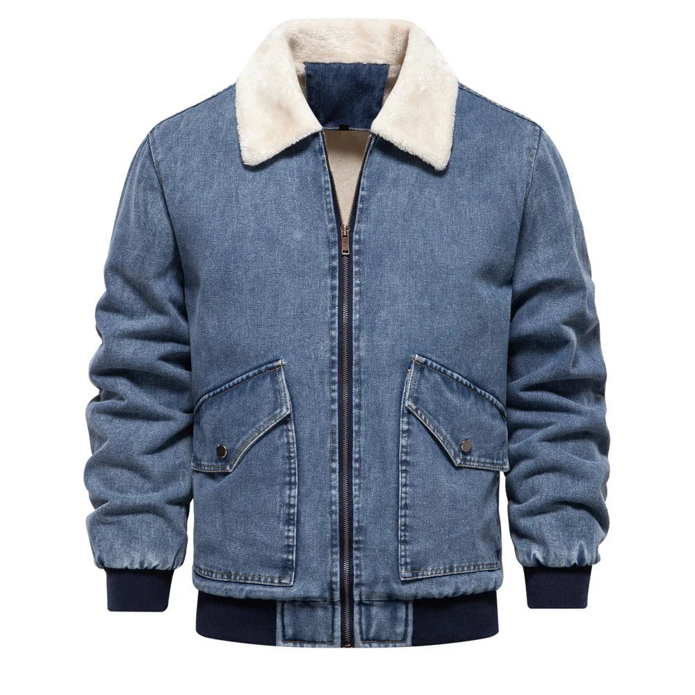 Men's Premium Fur Collar Denim Jacket – Warm Fleece-Lined Winter Coat