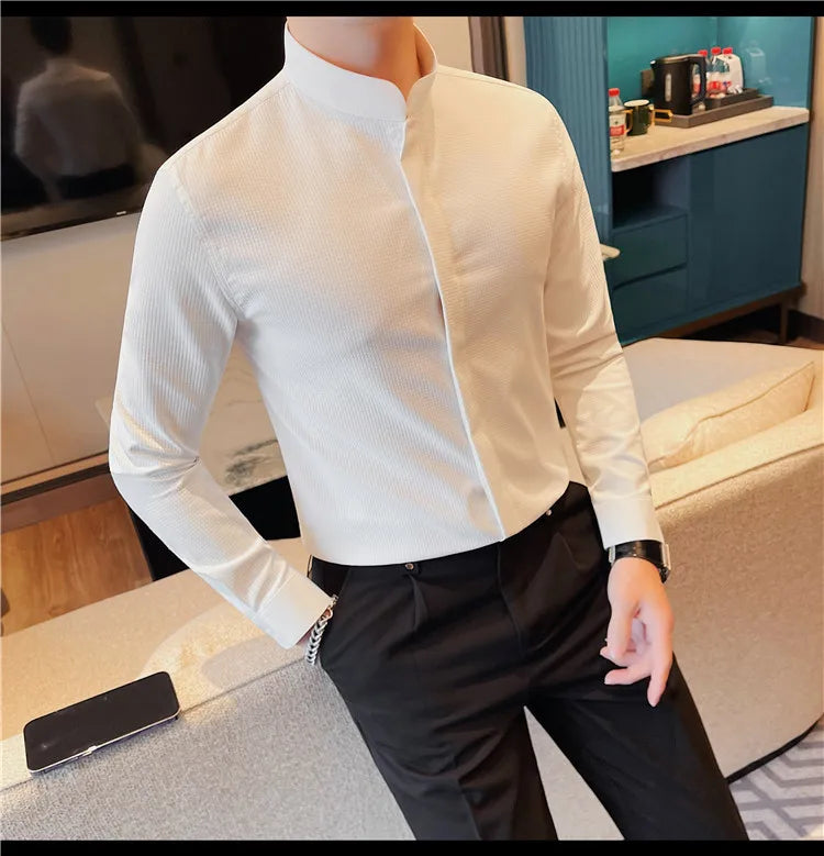 Men’s Luxury Stand Collar Shirt – Slim Fit Hidden Button Long Sleeve Business Casual Shirt