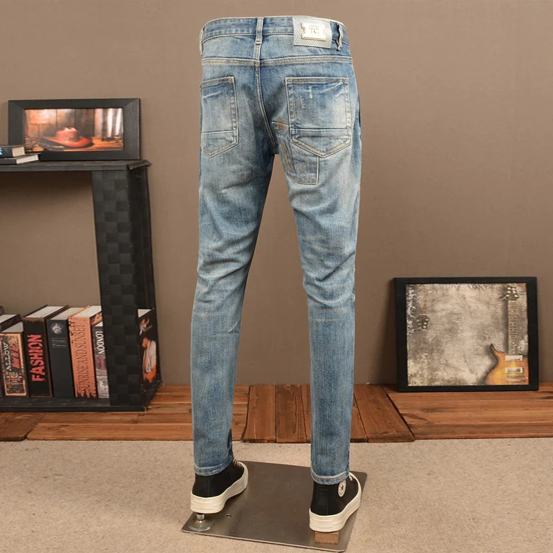 Premium Men's Embroidered Ripped Jeans – Retro Stretch Slim Fit Denim Pants