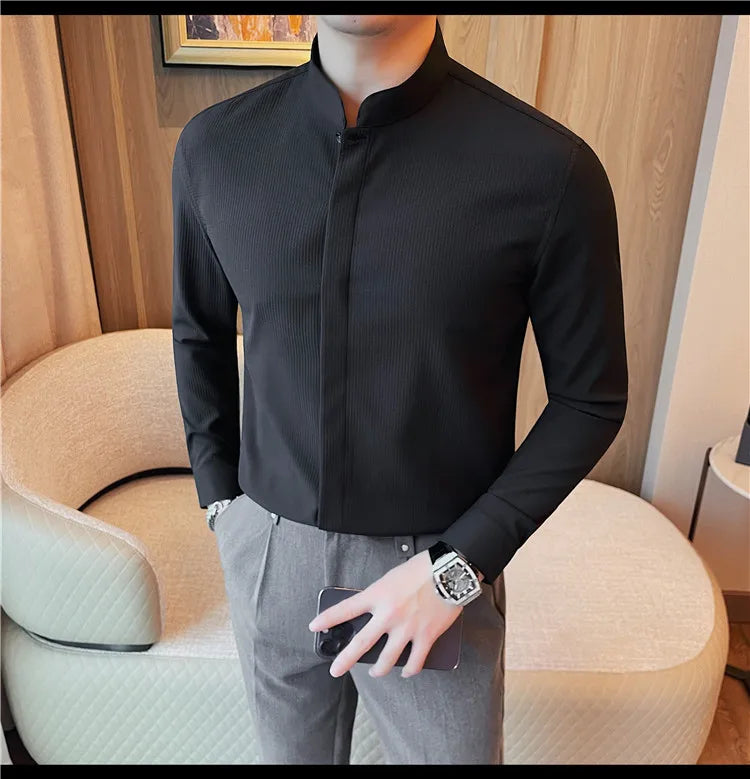 Men’s Luxury Stand Collar Shirt – Slim Fit Hidden Button Long Sleeve Business Casual Shirt