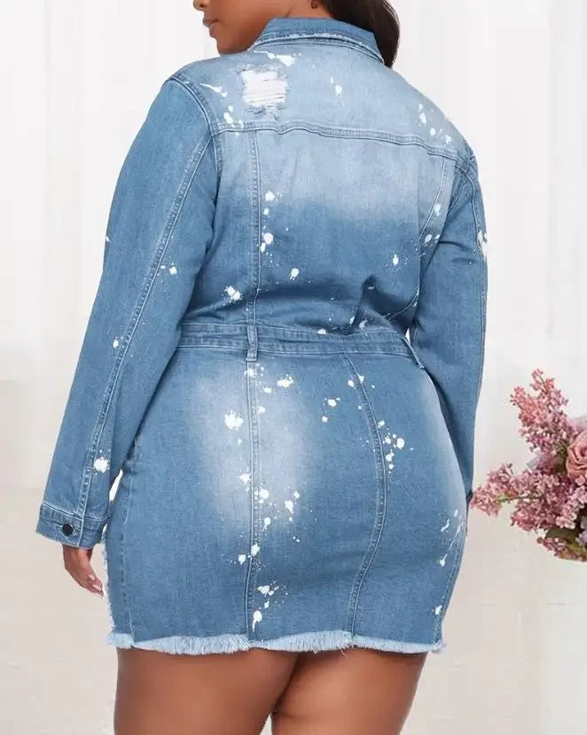 CPSYMYM Women's Dresses Spring Ink Splash Ripped Raw Hem Button Front Casual Turn-Down Collar Long Sleeve Mini Denim Dre