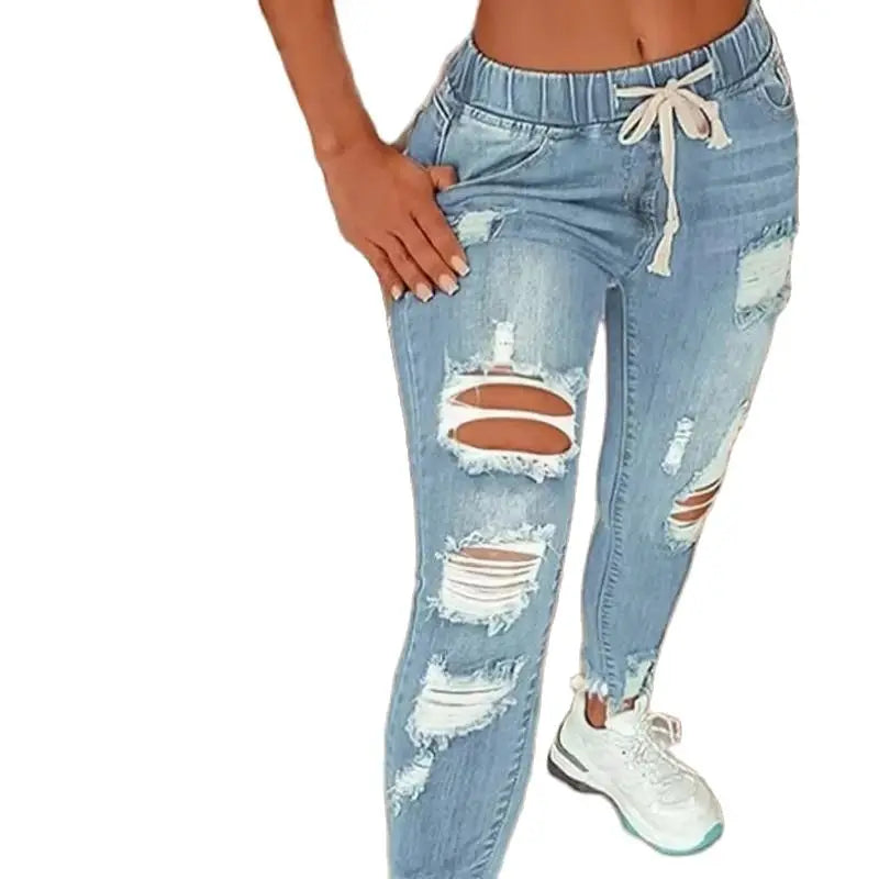 Vintage Blue Ripped Jeans Women Elastic Waist Drawstring Pencil Denim Jeans