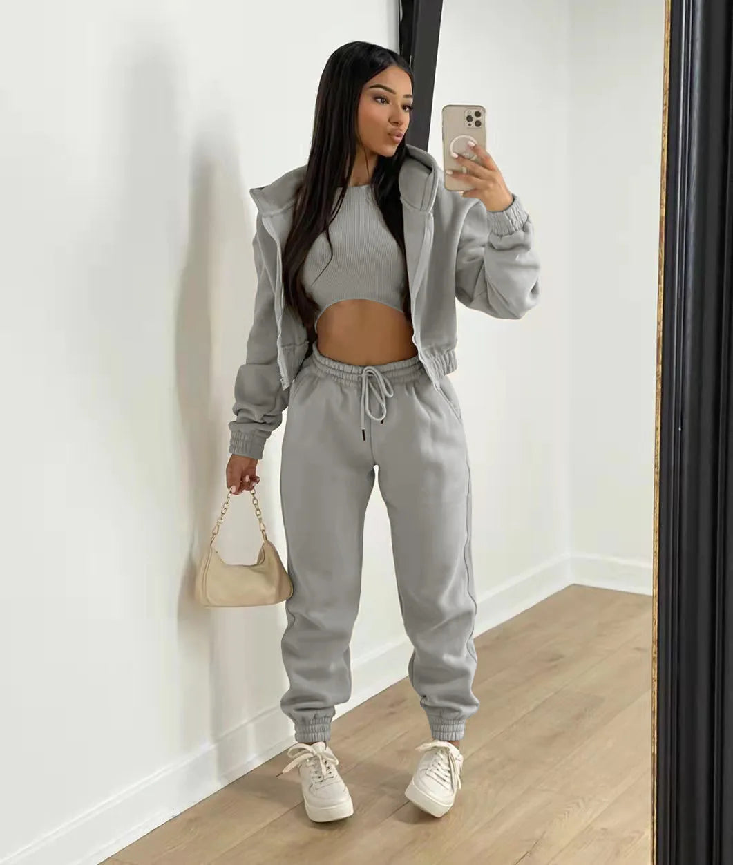 Women’s Premium 3-Piece Fleece-Lined Tracksuit Set – Hoodie, Tank Top & Sweatpants